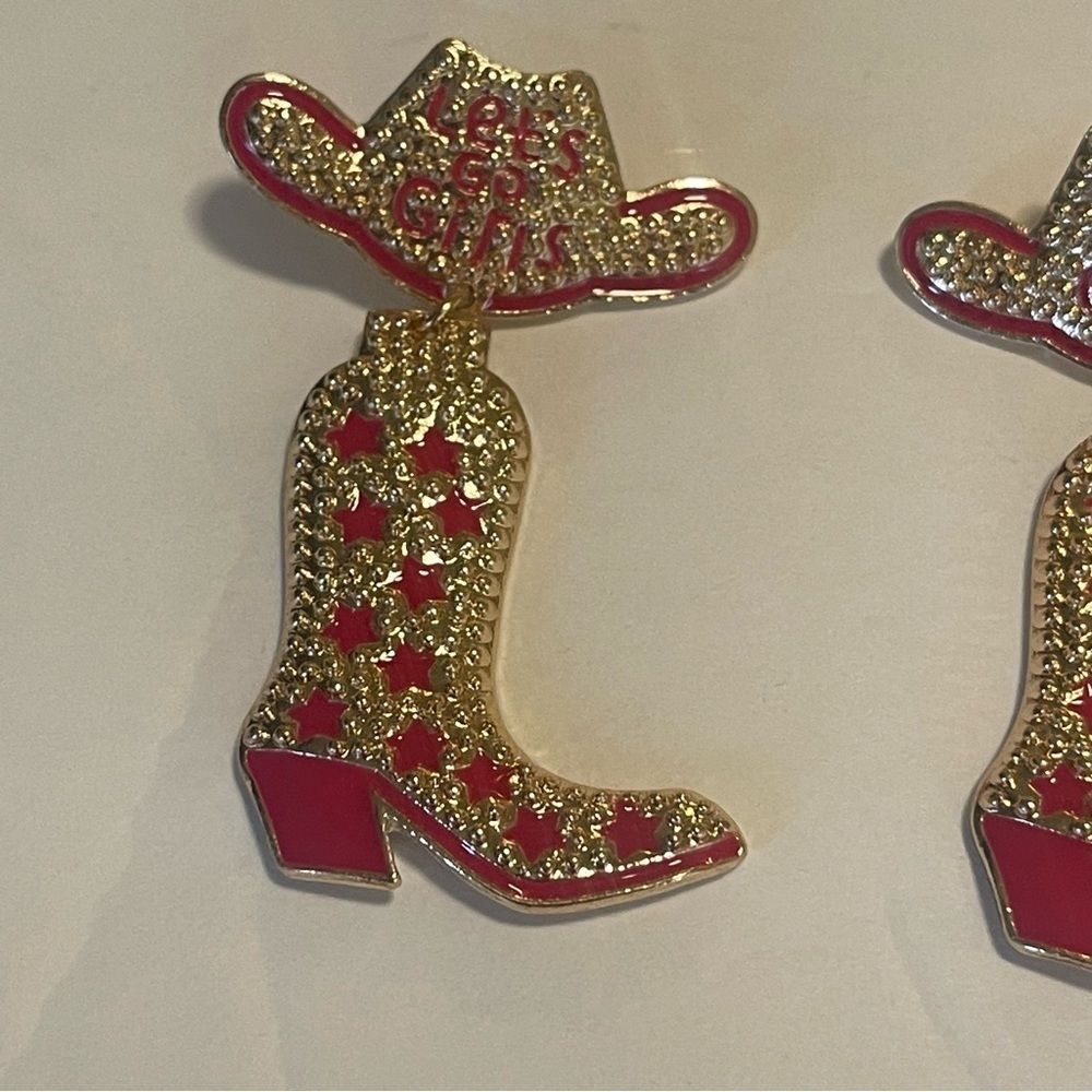 Cowboy Hat Boots Earrings Let’s Go Girls Concert Hoedown New Hot Pink Gold - Picture 9 of 16